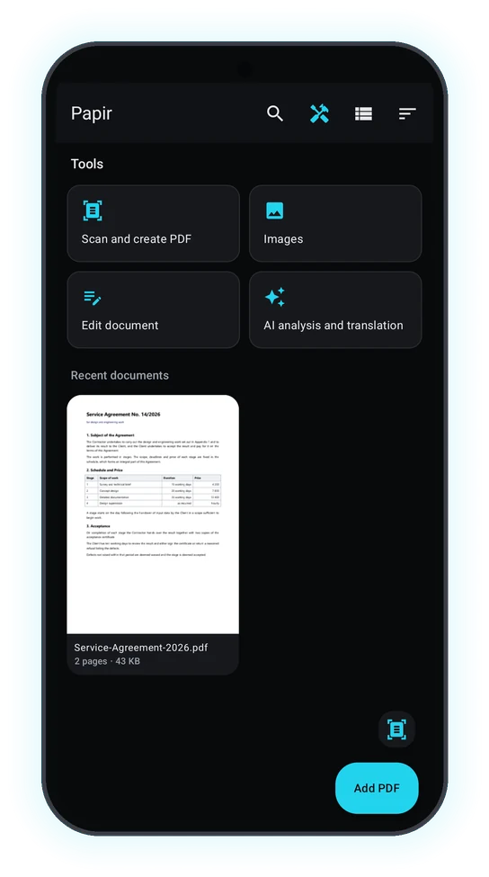 Papir home screen on a phone: tool tiles and a document card